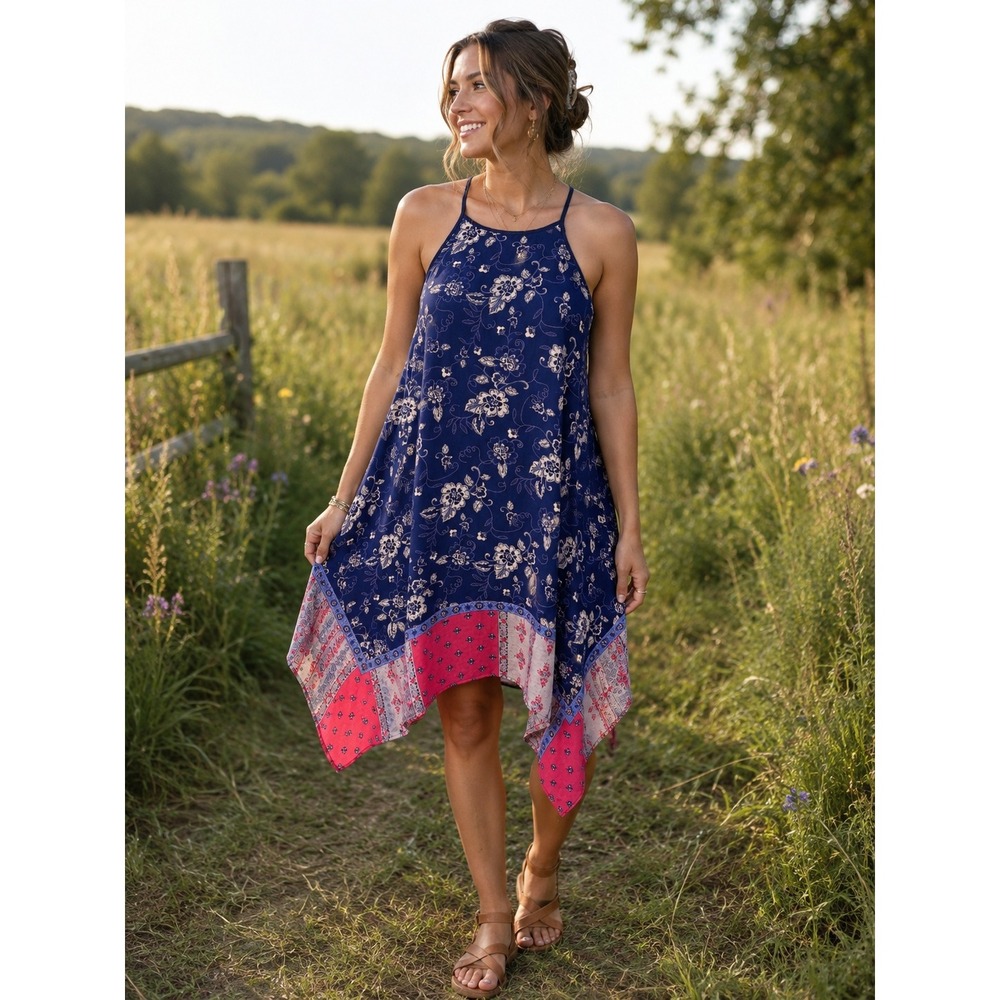 360. Maurices Boho Blue Floral Halter Handkerchief Hem Boho Trapeze Dress XS